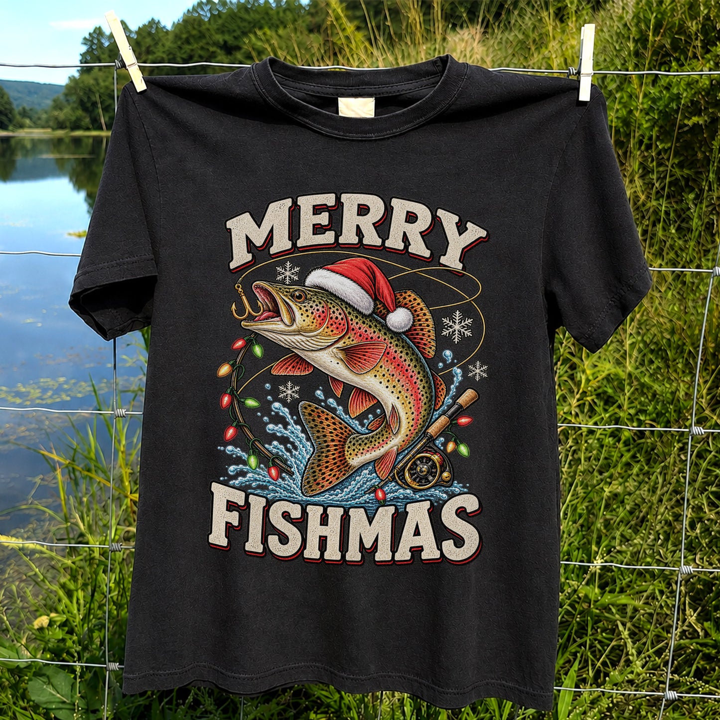 Merry Fishmas Santa Hat Rainbow Trout Fishing T-Shirt