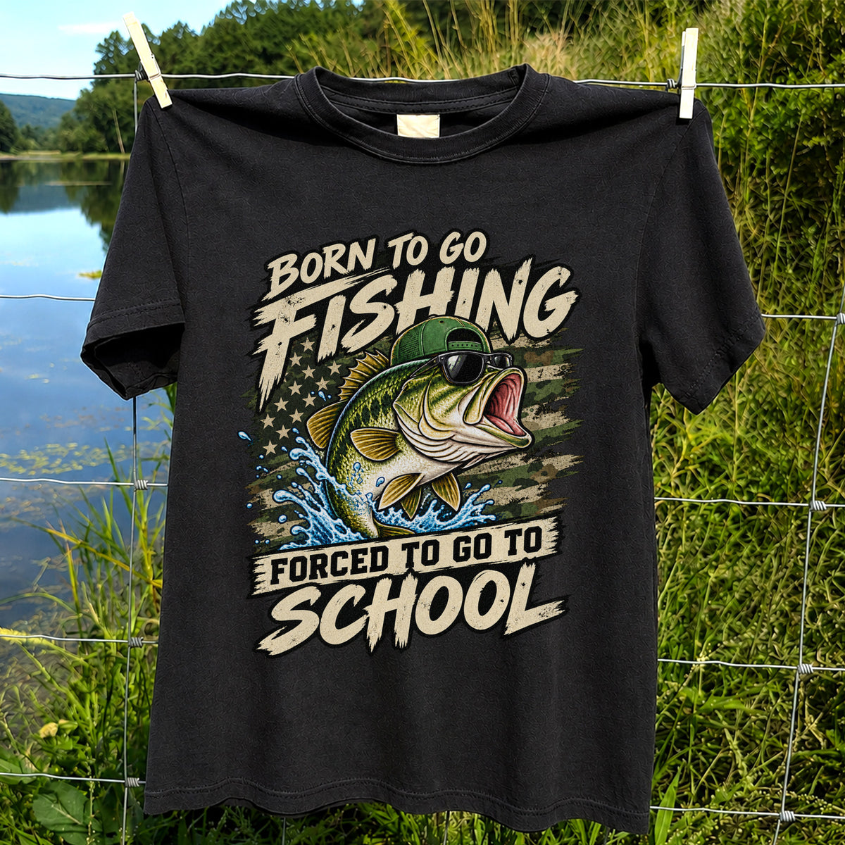 Born to Go Fishing Forced to Go to School Bass Graphic T-Shirt
