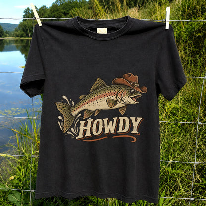 Howdy Cowboy Trout Vintage Fishing Graphic T-Shirt