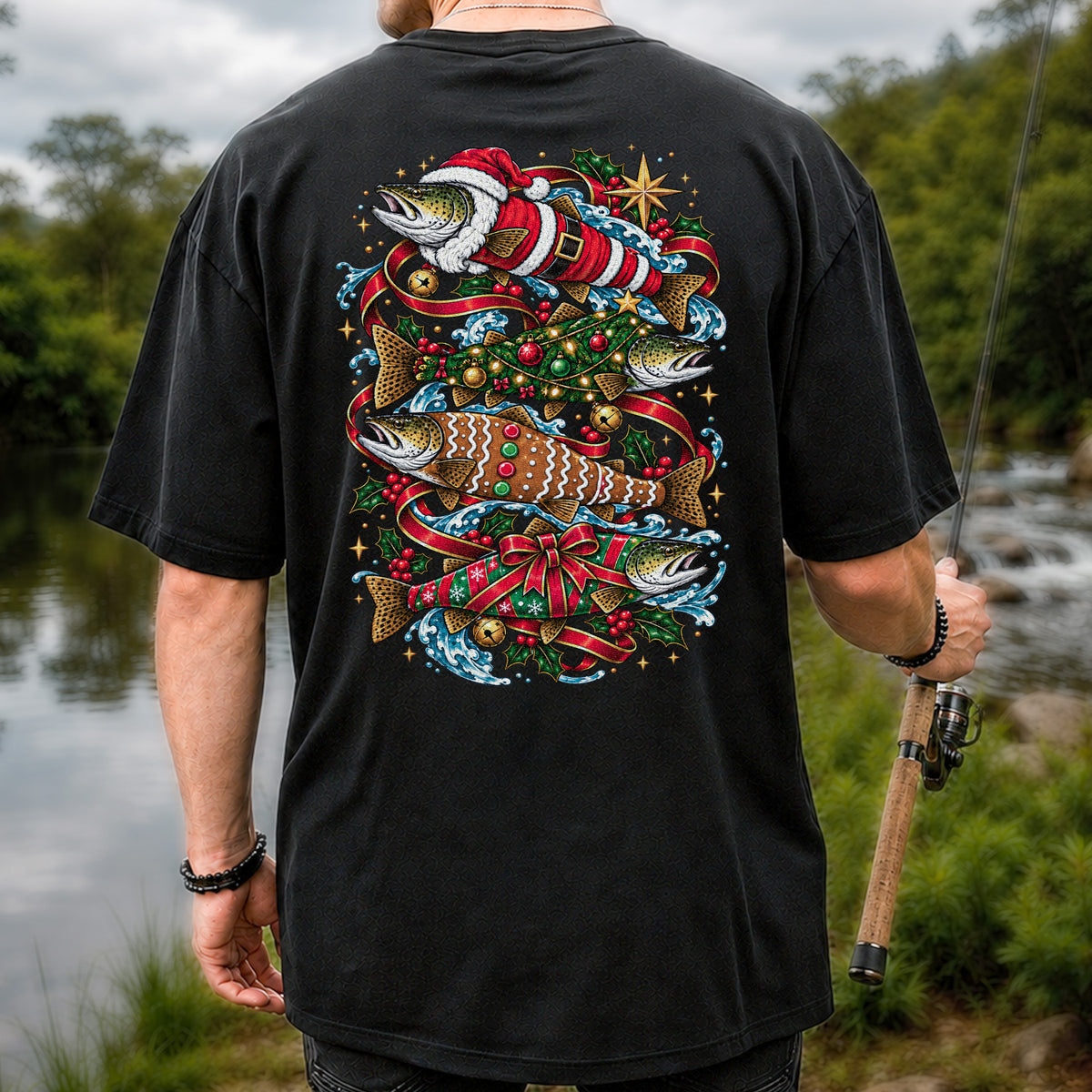 Santa and Gingerbread Trout Christmas Fishing Graphic T-Shirt | Back Print