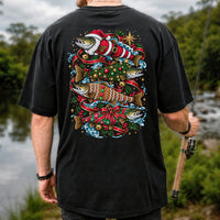 Santa and Gingerbread Trout Christmas Fishing Graphic T-Shirt | Back Print