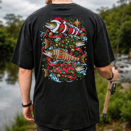 Santa and Gingerbread Trout Christmas Fishing Graphic T-Shirt | Back Print