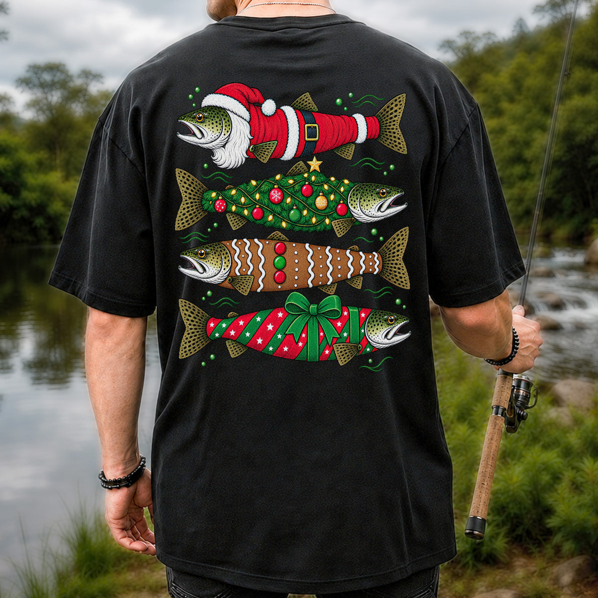 Christmas Trout Santa Tree and Gift Wrap Fishing T-Shirt | Back Print