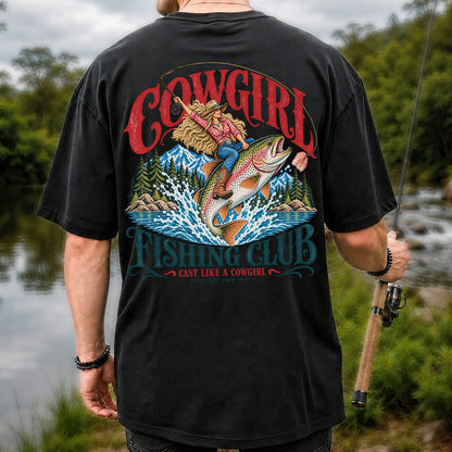 Cowgirl Riding Trout Fishing Club Graphic T-Shirt | Back Print