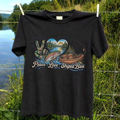 Peace Love Striped Bass Lake and Boat Fishing Graphic T-Shirt