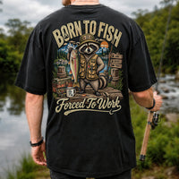 Born to Fish Forced to Work Raccoon and Rainbow Trout Fishing T-Shirt | Back Print