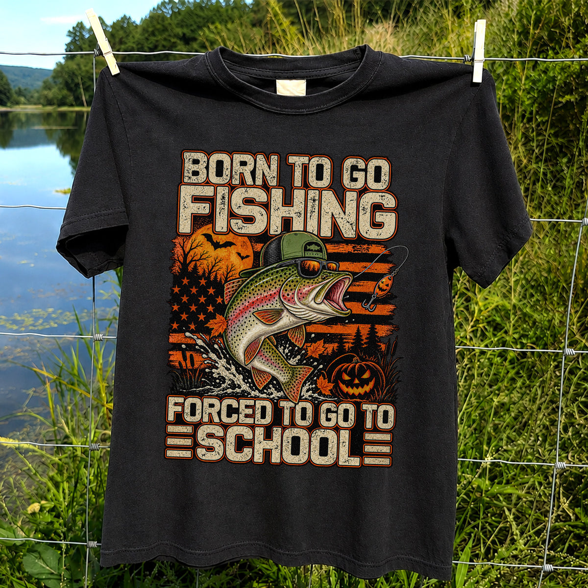 Born to Go Fishing Forced to Go to School Halloween Rainbow Trout T-Shirt