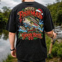 Merry Fishmas Christmas Sweater Pattern Bass Fishing T-Shirt | Back Print