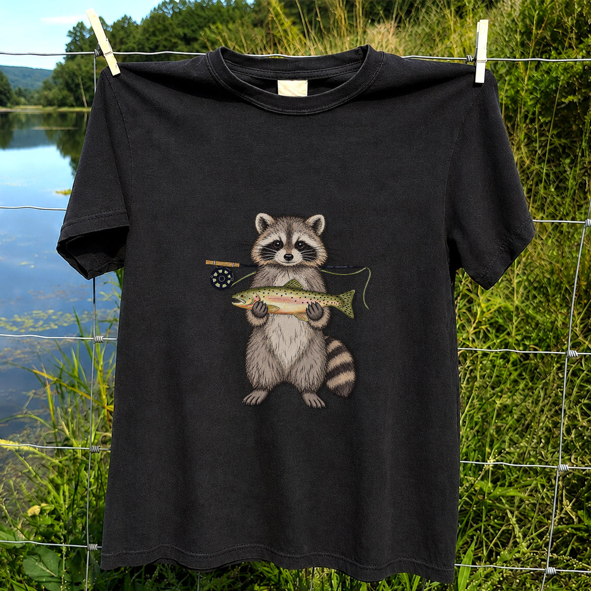 Cute Raccoon Holding Rainbow Trout Fly Fishing Graphic T-Shirt