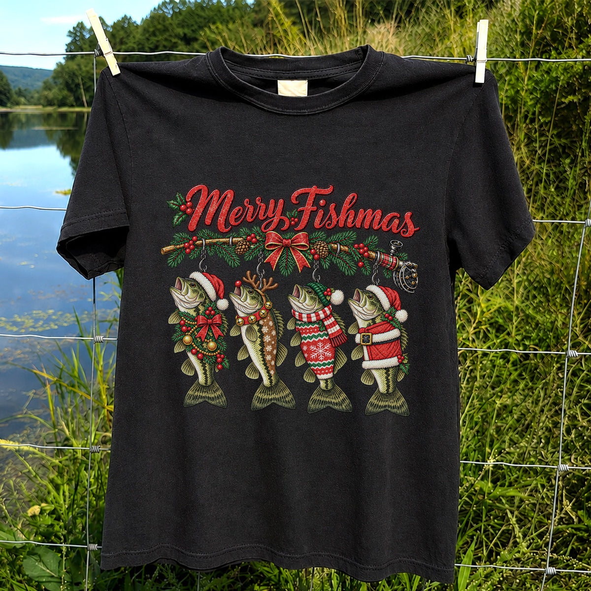 Merry Fishmas Christmas Bass Fishing Graphic T-Shirt