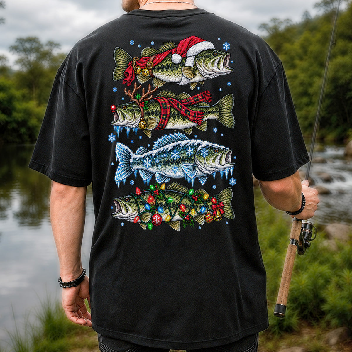 Christmas Bass with Santa Hat and Holiday Lights Fishing T-Shirt | Back Print