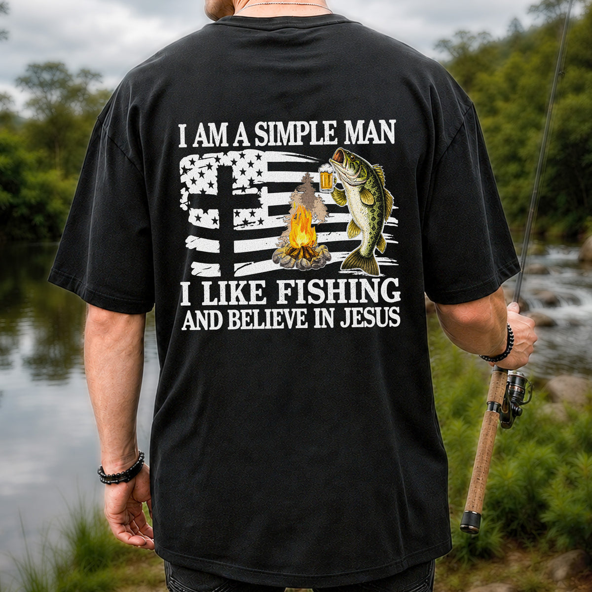I Am a Simple Man Fishing Bass and Faith Graphic T-Shirt | Back Print