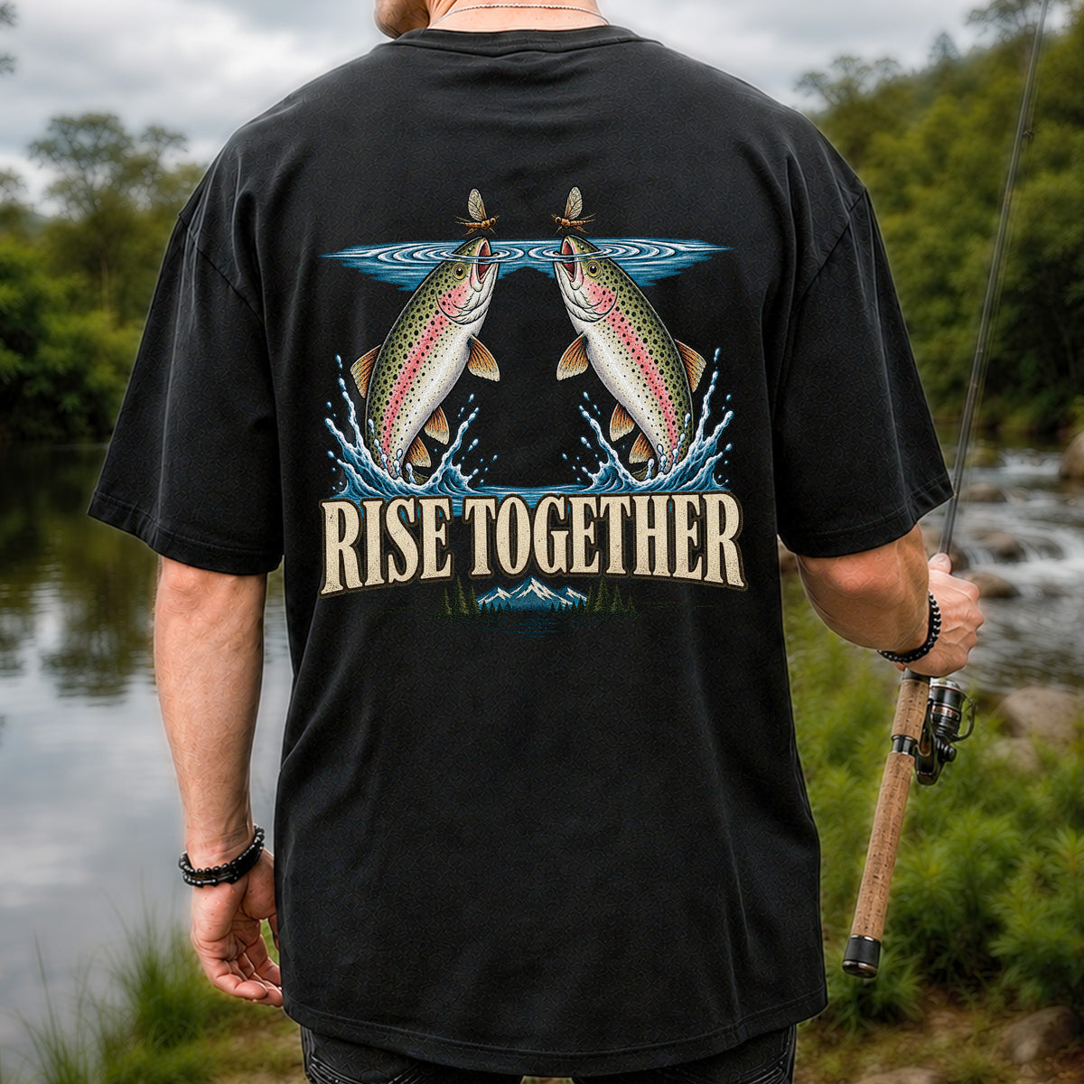 Rise Together Rainbow Trout Fly Fishing Graphic T-Shirt | Back Print