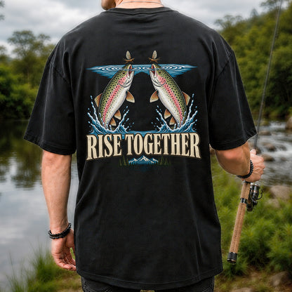 Rise Together Rainbow Trout Fly Fishing Graphic T-Shirt | Back Print