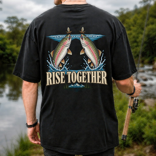 Rise Together Rainbow Trout Fly Fishing Graphic T-Shirt | Back Print