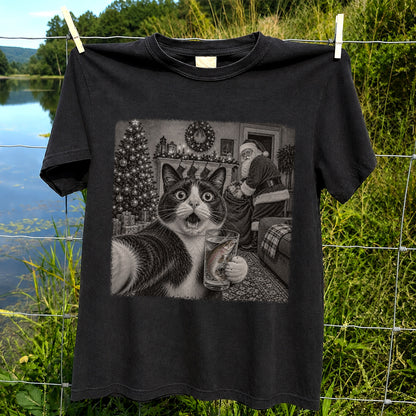 Christmas Cat Holding a Fish Mug Holiday Graphic T-Shirt
