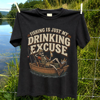 Fishing Is Just My Drinking Excuse Skeleton Angler T-Shirt
