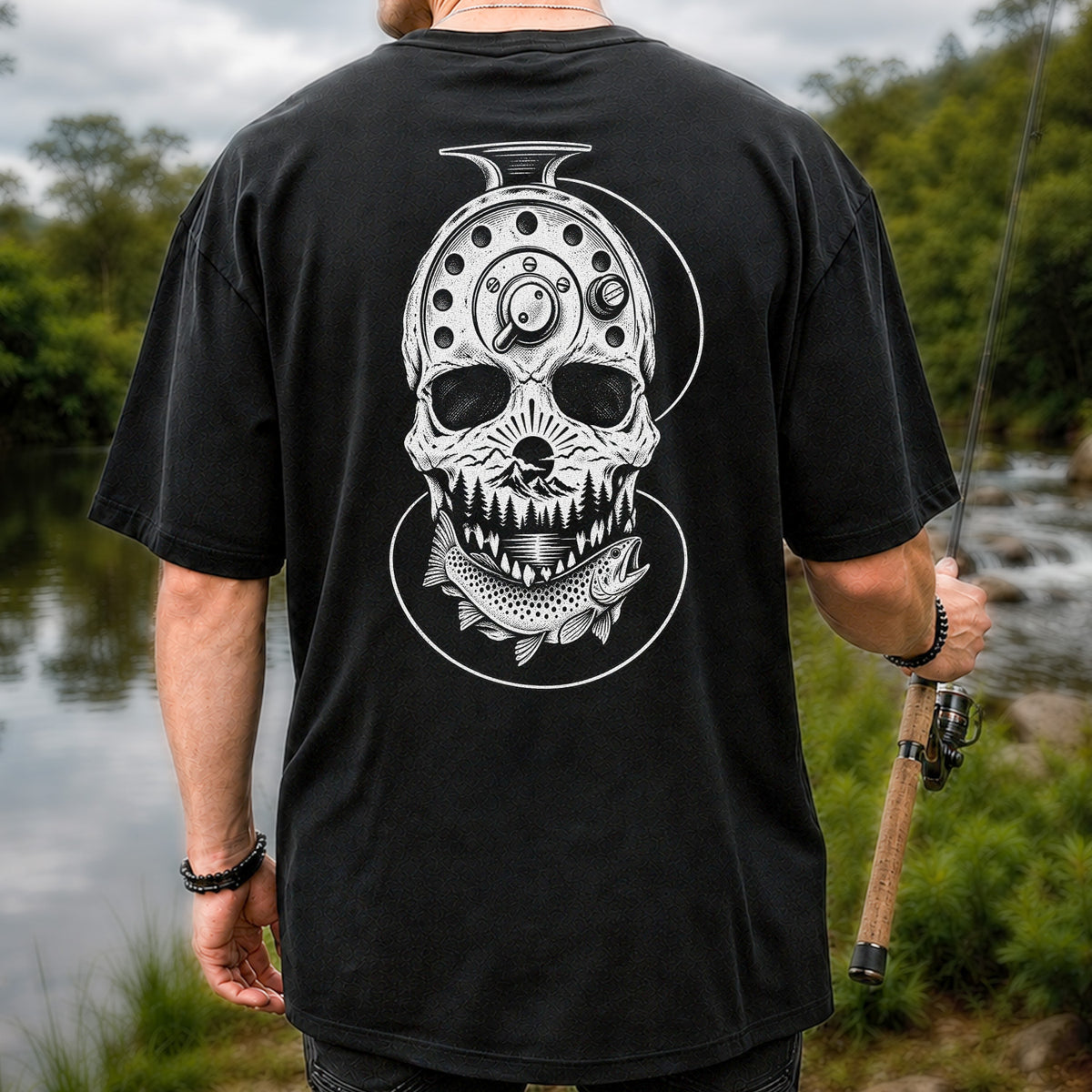 Trout and Fly Fishing Reel Skull Mountain Graphic T-Shirt | Back Print