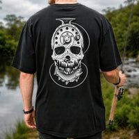 Trout and Fly Fishing Reel Skull Mountain Graphic T-Shirt | Back Print