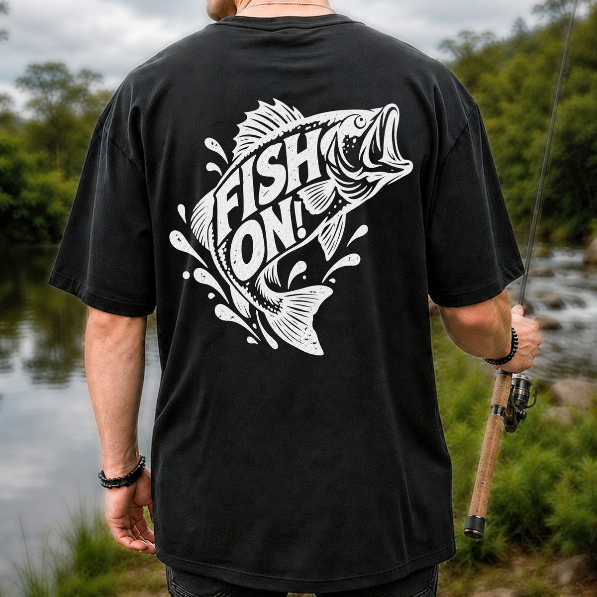Fish On! Jumping Bass Fishing Distressed Graphic T-Shirt | Back Print
