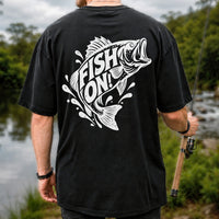 Fish On! Jumping Bass Fishing Distressed Graphic T-Shirt | Back Print