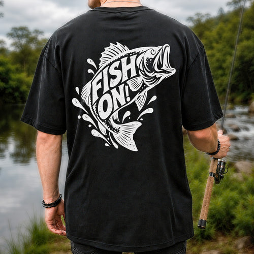 Fish On! Jumping Bass Fishing Distressed Graphic T-Shirt | Back Print