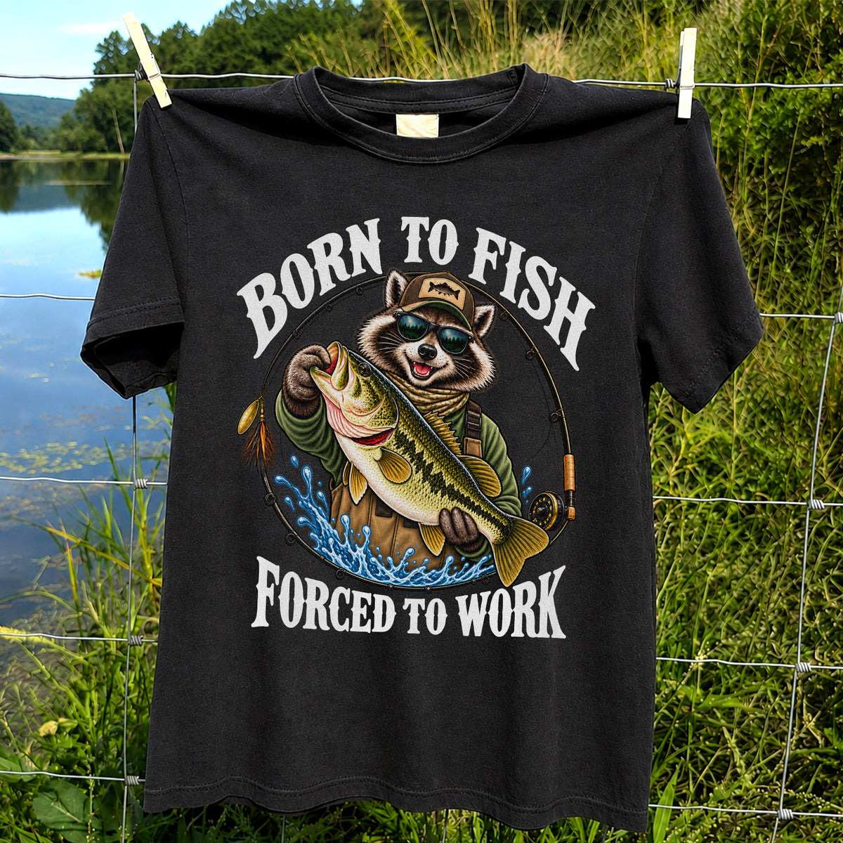 Born to Fish Forced to Work Raccoon Bass Graphic T-Shirt