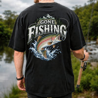 Gone Fishing Rainbow Trout and Mountains Graphic T-Shirt | Back Print