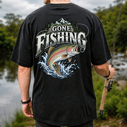 Gone Fishing Rainbow Trout and Mountains Graphic T-Shirt | Back Print