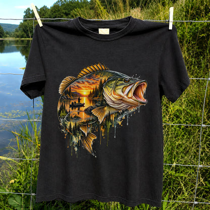 Largemouth Bass Sunset Lake Landscape Fishing Graphic T-Shirt