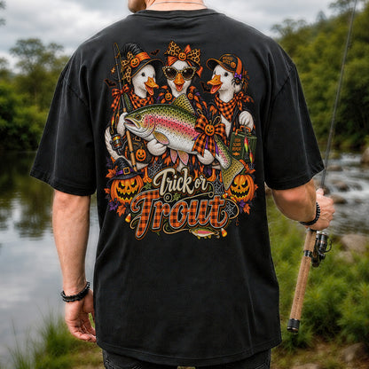 Trick or Trout Halloween Ducks with Rainbow Trout and Pumpkins Fishing T-Shirt | Back Print