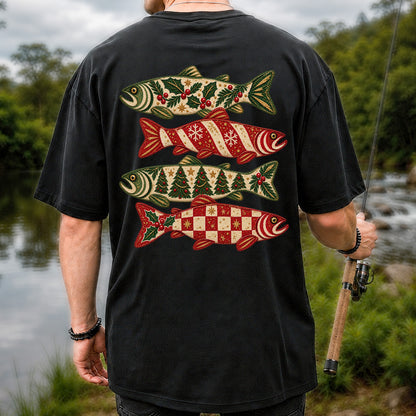 Christmas Trout Holiday Pattern Fishing Graphic T-Shirt | Back Print