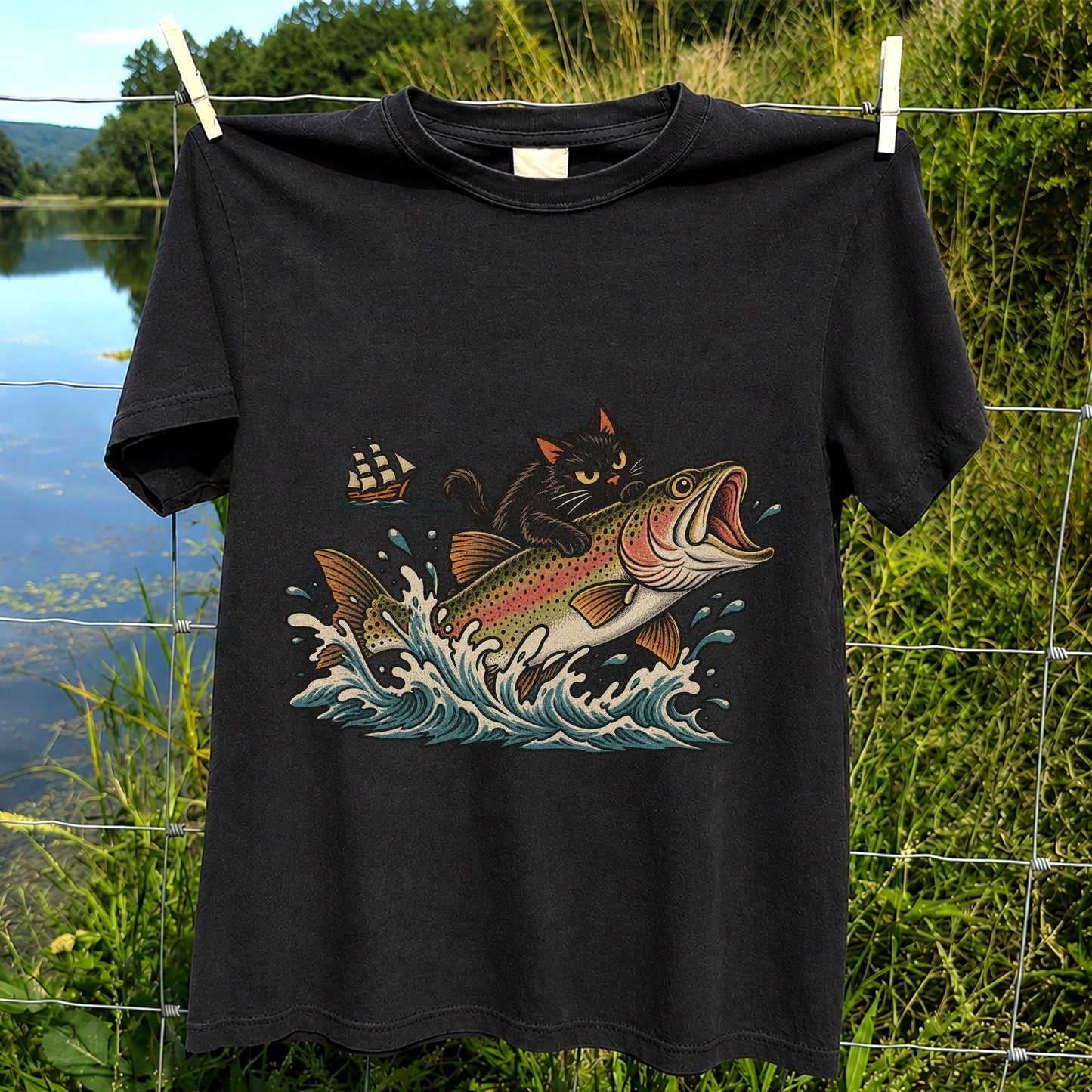 Black Cat Riding a Trout Ocean Wave Fishing Graphic T-Shirt