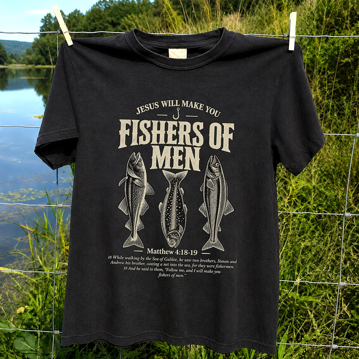 Jesus Will Make You Fishers of Men Matthew 4:18-19 Vintage Fish Graphic T-Shirt
