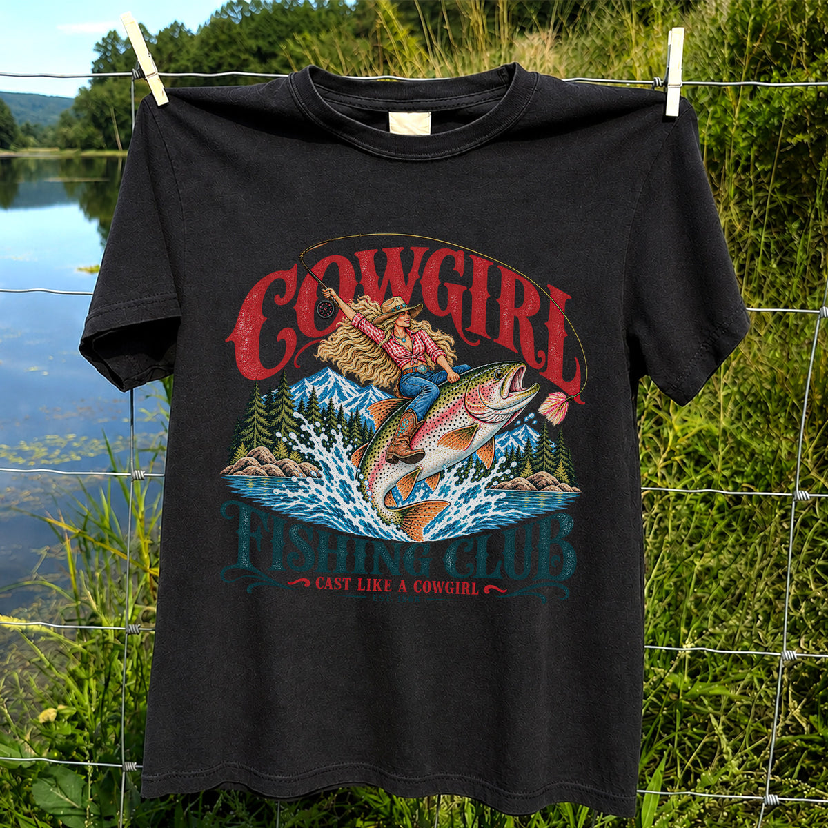 Cowgirl Riding Trout Fishing Club Graphic T-Shirt