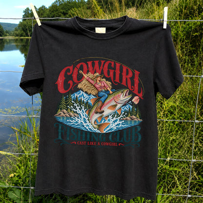 Cowgirl Riding Trout Fishing Club Graphic T-Shirt
