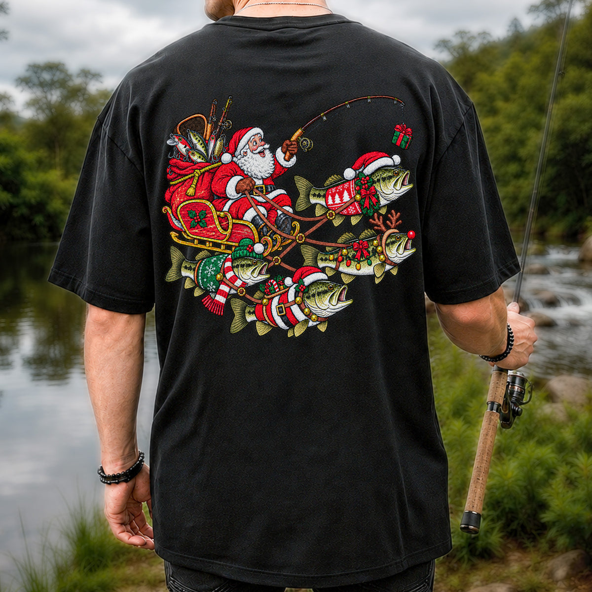 Santa Pulling Festive Bass Fishing Graphic T-Shirt | Back Print