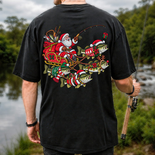Santa Pulling Festive Bass Fishing Graphic T-Shirt | Back Print