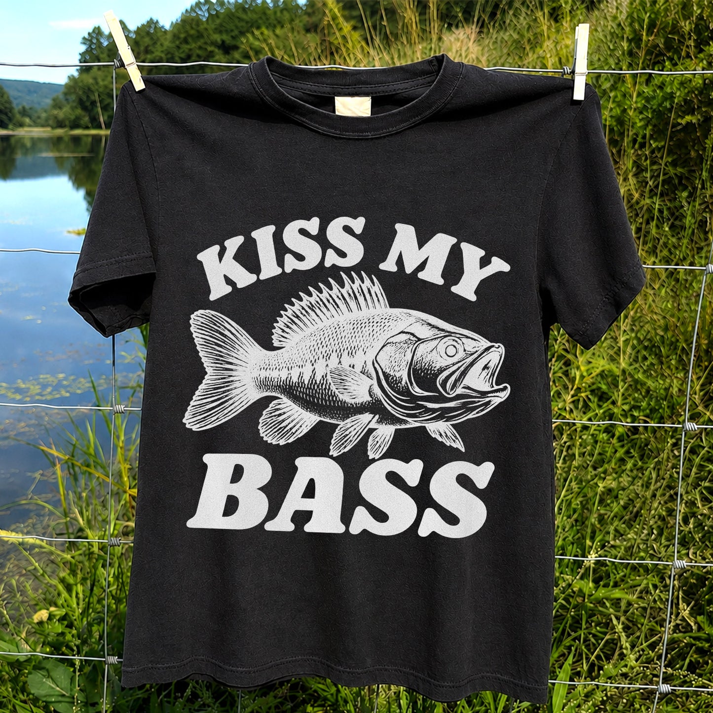 Kiss My Bass Blue Bass Funny Fishing Graphic T-Shirt