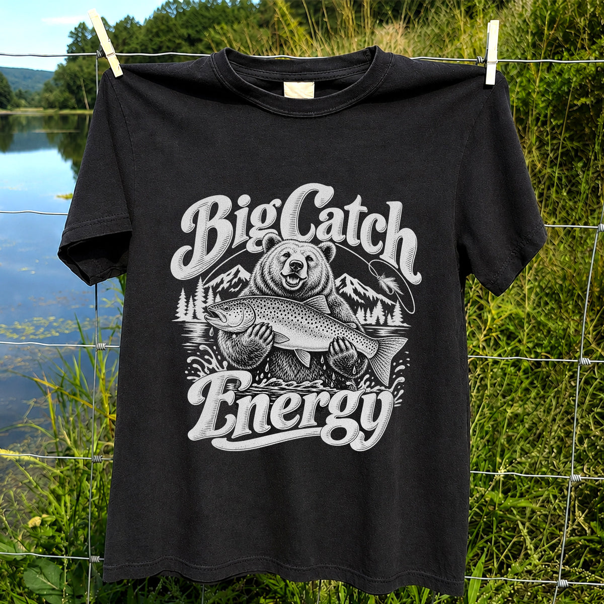 Big Catch Energy Bear Holding Trout Fishing T-Shirt