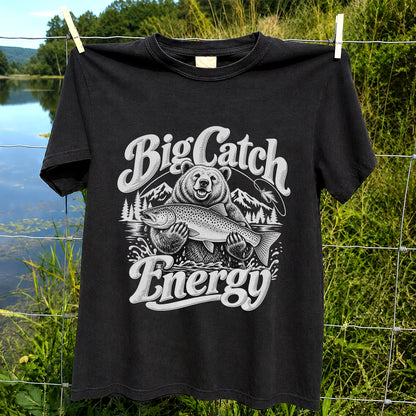 Big Catch Energy Bear Holding Trout Fishing T-Shirt