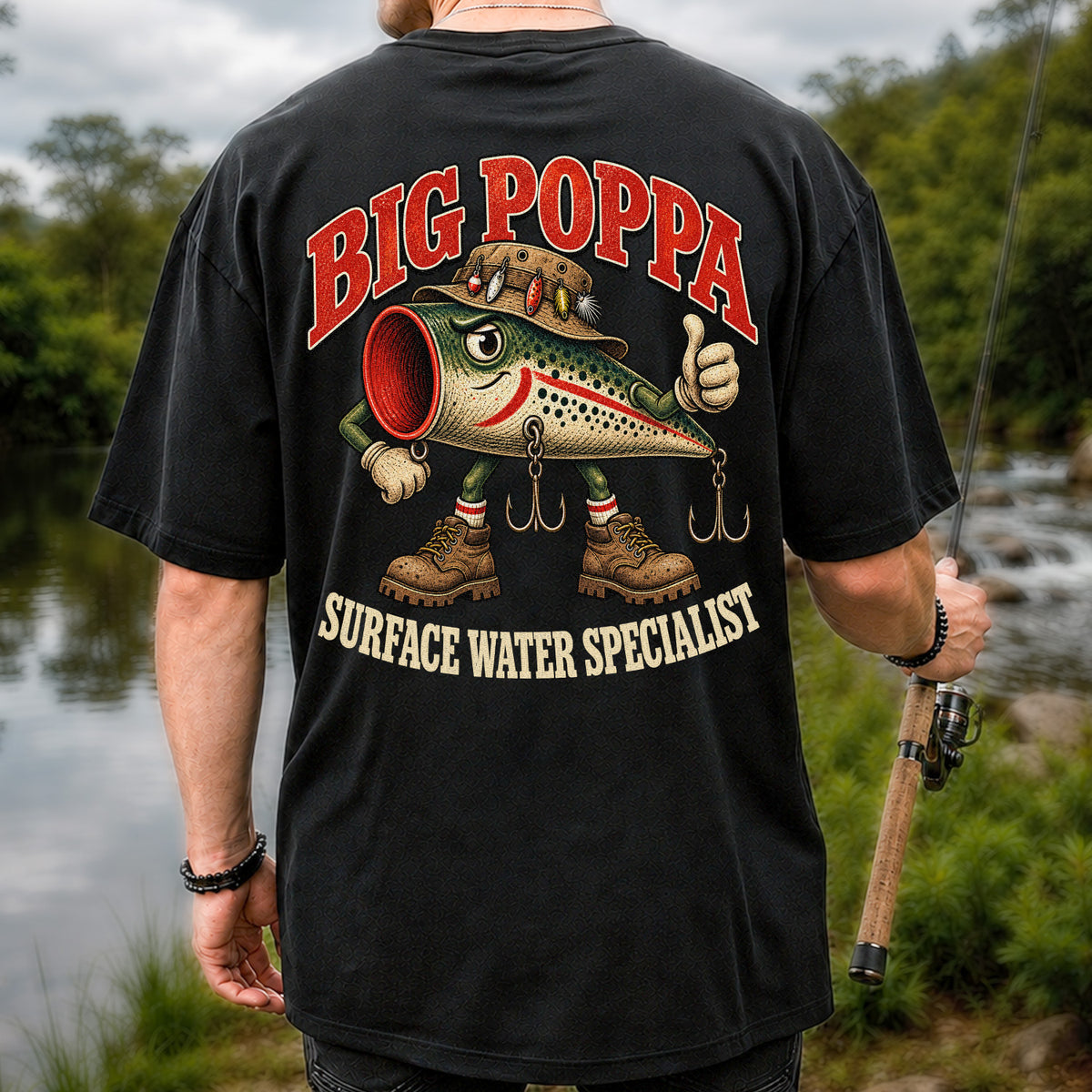 Big Poppa Surface Water Specialist Fishing Lure Graphic T-Shirt | Back Print
