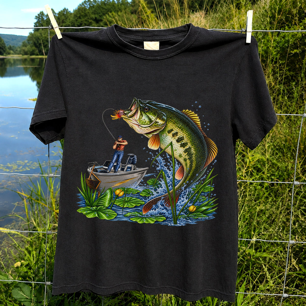 Largemouth Bass Leaping Beside Fishing Boat Graphic T-Shirt