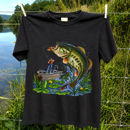 Largemouth Bass Leaping Beside Fishing Boat Graphic T-Shirt