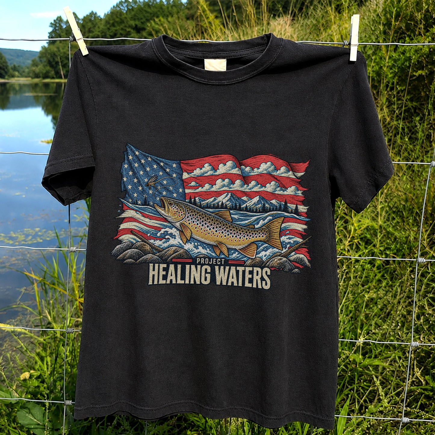 Healing Waters American Flag Brown Trout Fishing Graphic T-Shirt