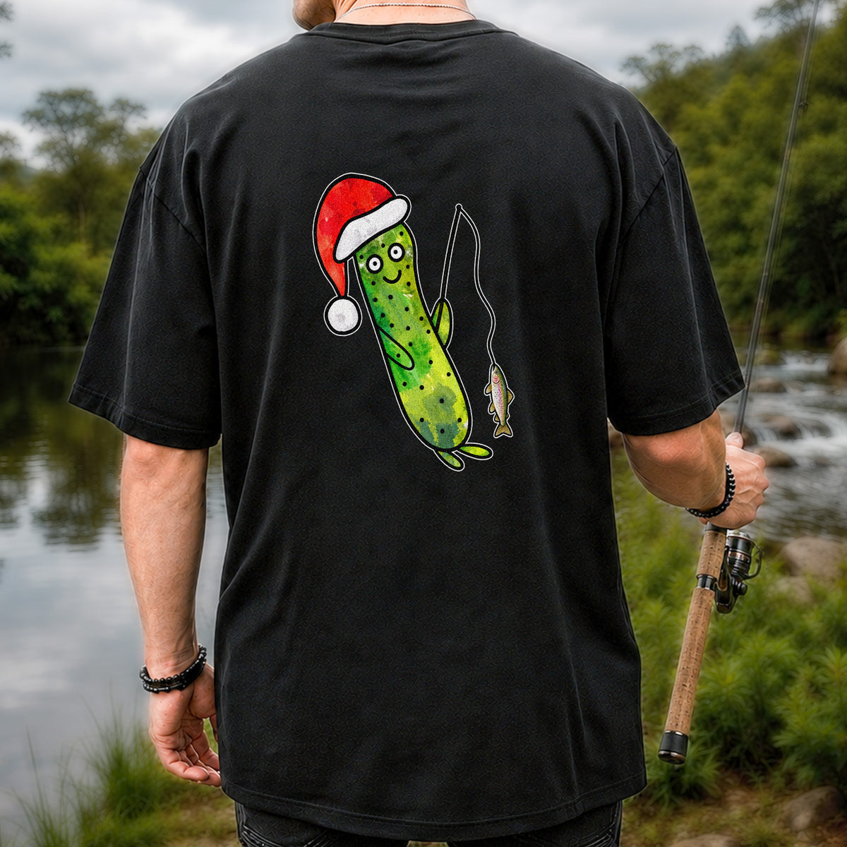 Santa Hat Cucumber Fishing for Trout Graphic T-Shirt | Back Print