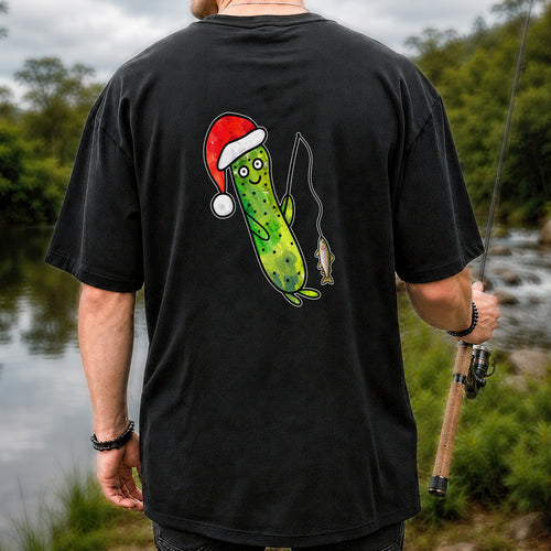 Santa Hat Cucumber Fishing for Trout Graphic T-Shirt | Back Print