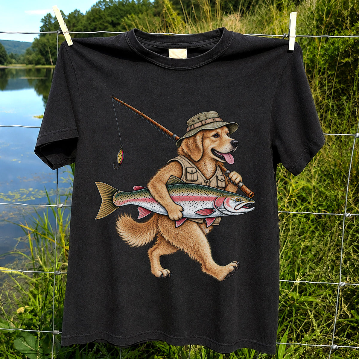 Golden Retriever Holding Rainbow Trout Fishing Graphic T-Shirt