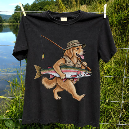 Golden Retriever Holding Rainbow Trout Fishing Graphic T-Shirt