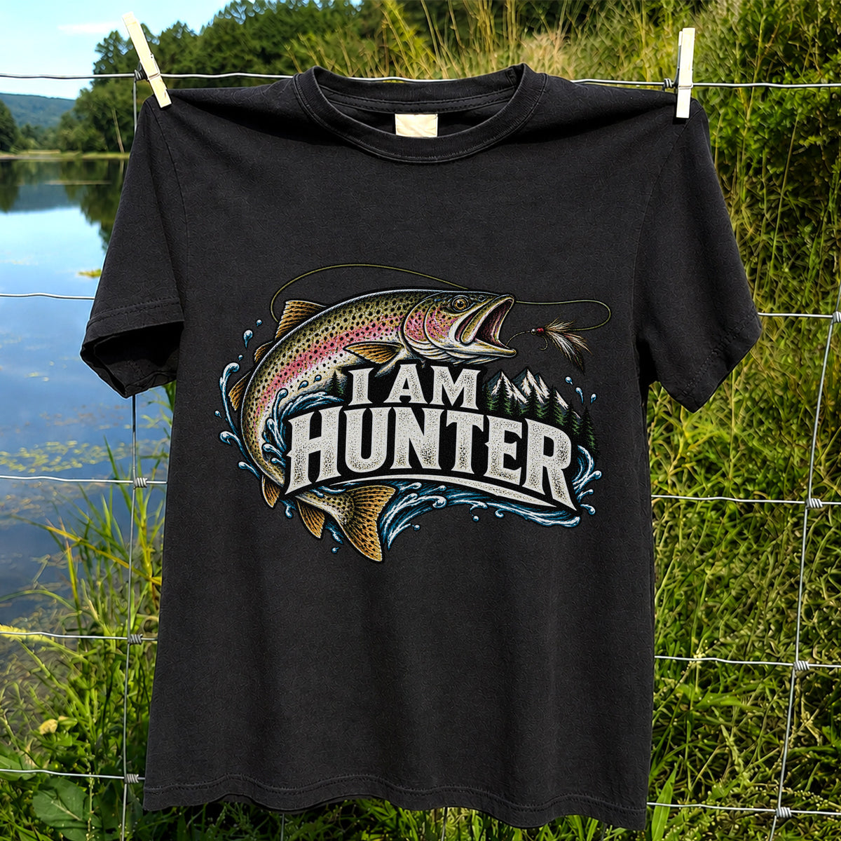 I Am Hunter Rainbow Trout Fly Fishing Mountain Graphic T-Shirt